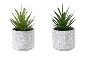 I 9362 - Plante Artificielle, Ensemble De 2, 9'' De Haut, Succulent, Pots En Ciment Blanc, Contemporain, Moderne - Simple Boutique