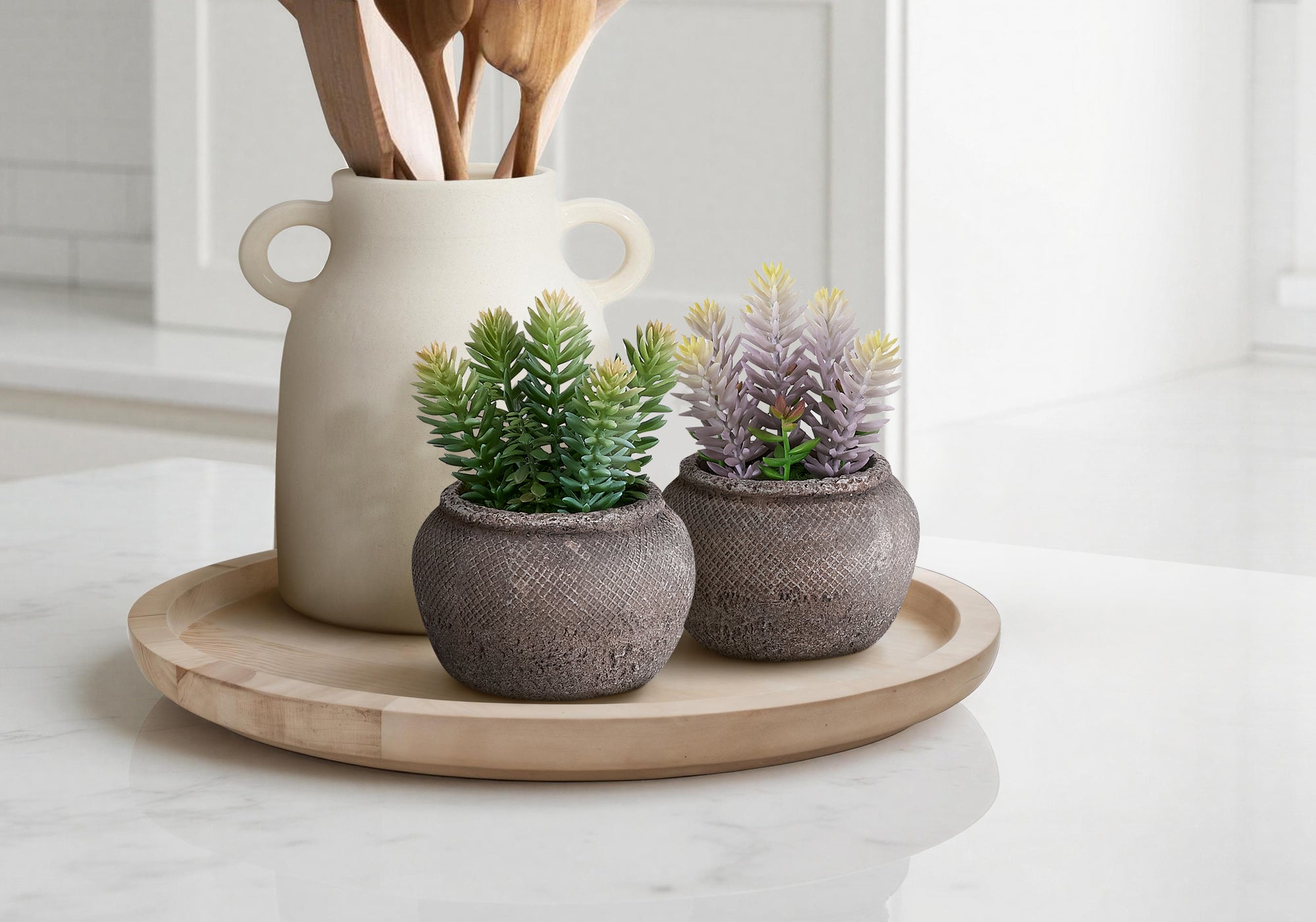 I 9364 - Plante Artificielle, Ensemble De 2, 8'' De Haut, Succulent, Table, Pots En Ciment Brun, Contemporain, Moderne - Simple Boutique