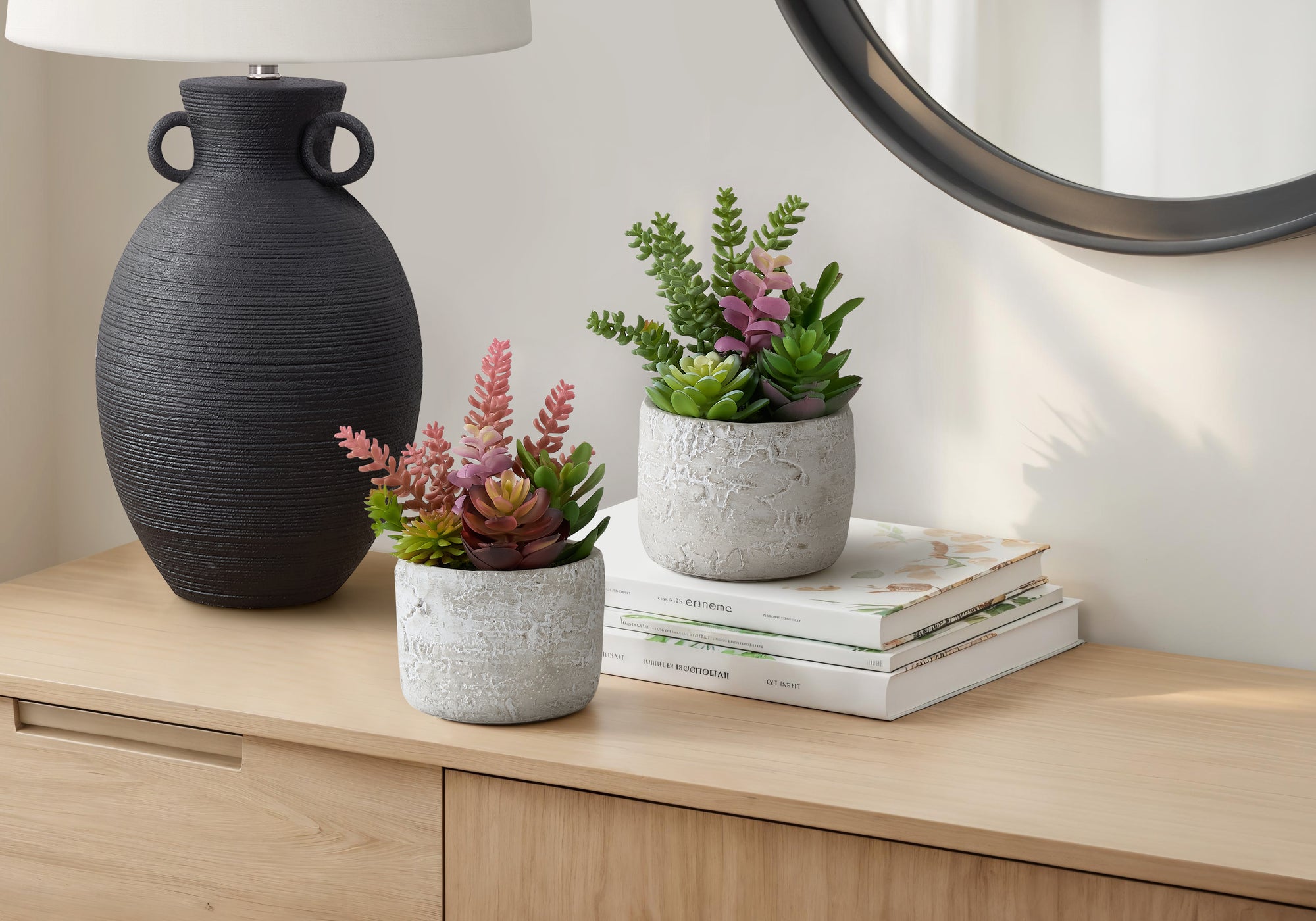 I 9366 - Plante Artificielle, Ensemble De 2, 9'' De Haut, Succulent, Table, Pots En Ciment Gris, Contemporain, Moderne - Simple Boutique