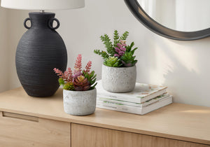 I 9366 - Plante Artificielle, Ensemble De 2, 9'' De Haut, Succulent, Table, Pots En Ciment Gris, Contemporain, Moderne - Simple Boutique