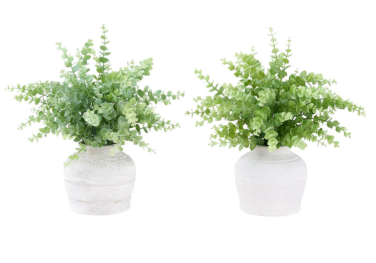 I 9368 - Plante Artificielle, Ensemble De 2, 16'' De Haut, Herbe D'eucalyptus, Table, Pots Blancs, Contemporain, Moderne - Simple Boutique