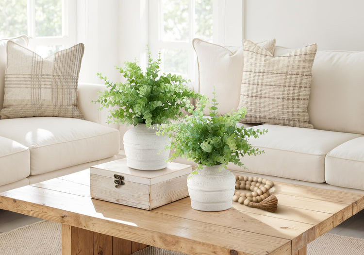 I 9368 - Plante Artificielle, Ensemble De 2, 16'' De Haut, Herbe D'eucalyptus, Table, Pots Blancs, Contemporain, Moderne - Simple Boutique
