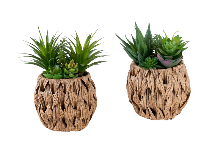 I 9369 - Plante Artificielle, Ensemble De 2, 9'' De Haut, Succulent, Table, Panier Tissé Marron, Contemporain, Moderne - Simple Boutique