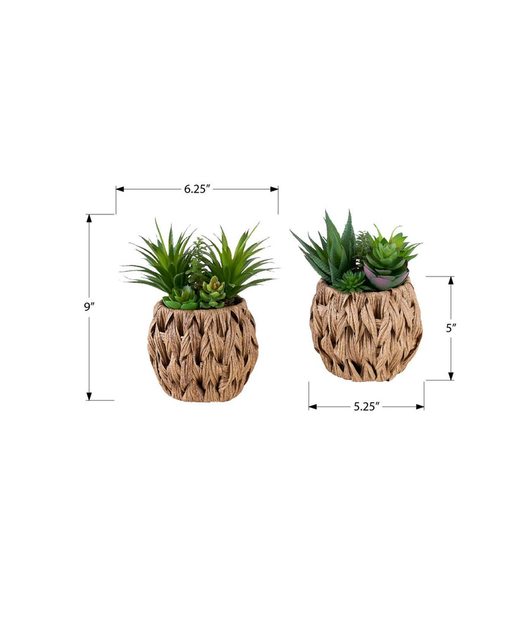 I 9369 - Plante Artificielle, Ensemble De 2, 9'' De Haut, Succulent, Table, Panier Tissé Marron, Contemporain, Moderne - Simple Boutique
