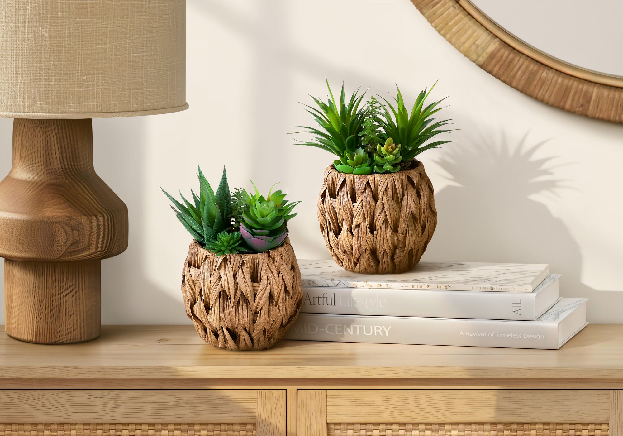 I 9369 - Plante Artificielle, Ensemble De 2, 9'' De Haut, Succulent, Table, Panier Tissé Marron, Contemporain, Moderne - Simple Boutique