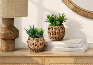 I 9369 - Plante Artificielle, Ensemble De 2, 9'' De Haut, Succulent, Table, Panier Tissé Marron, Contemporain, Moderne - Simple Boutique
