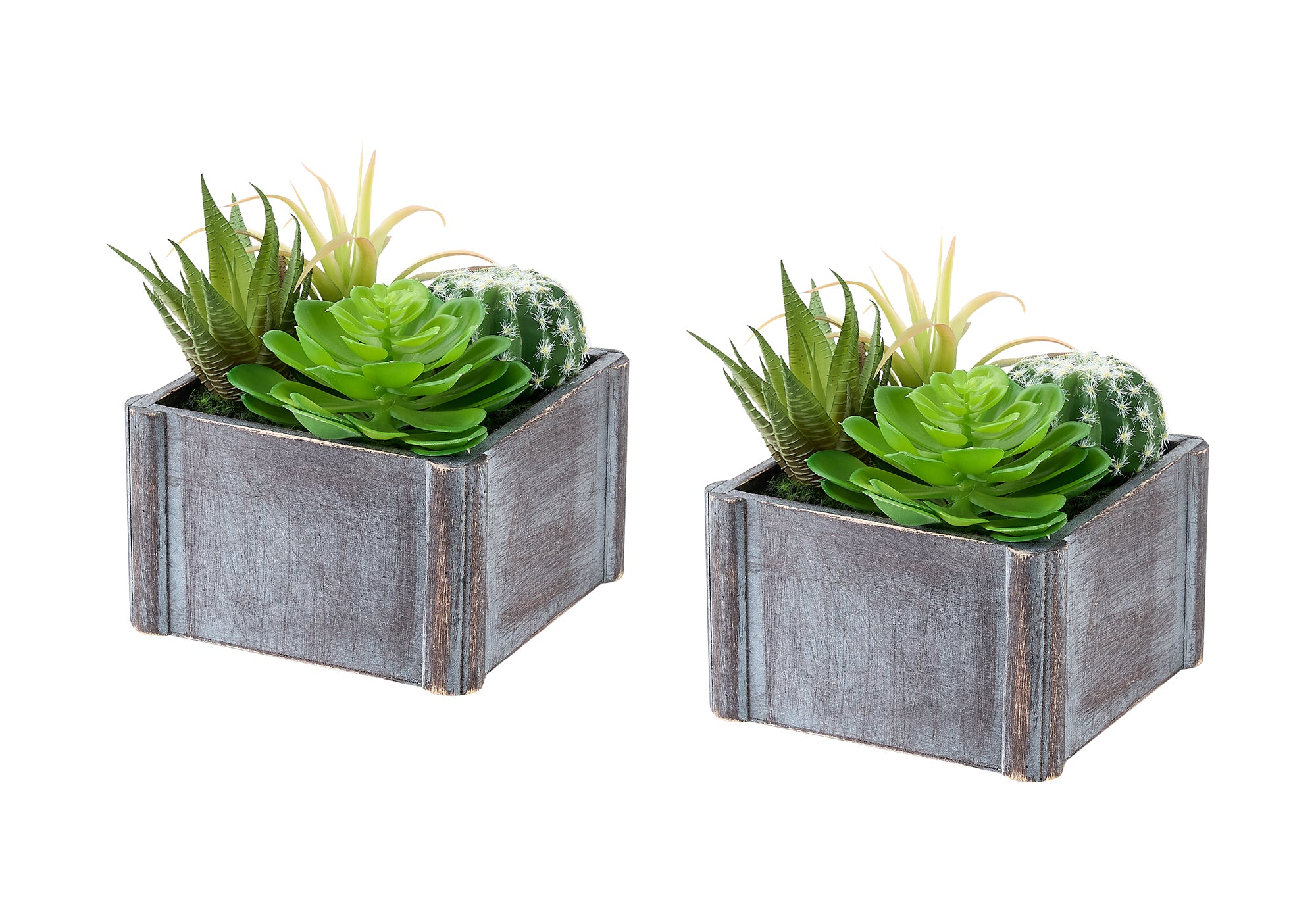 I 9370 - Plante Artificielle, Ensemble De 2, 8'' De Haut, Succulent, Table, Pots En Bois Gris, Contemporain, Moderne - Simple Boutique