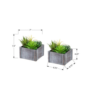 I 9370 - Plante Artificielle, Ensemble De 2, 8'' De Haut, Succulent, Table, Pots En Bois Gris, Contemporain, Moderne - Simple Boutique