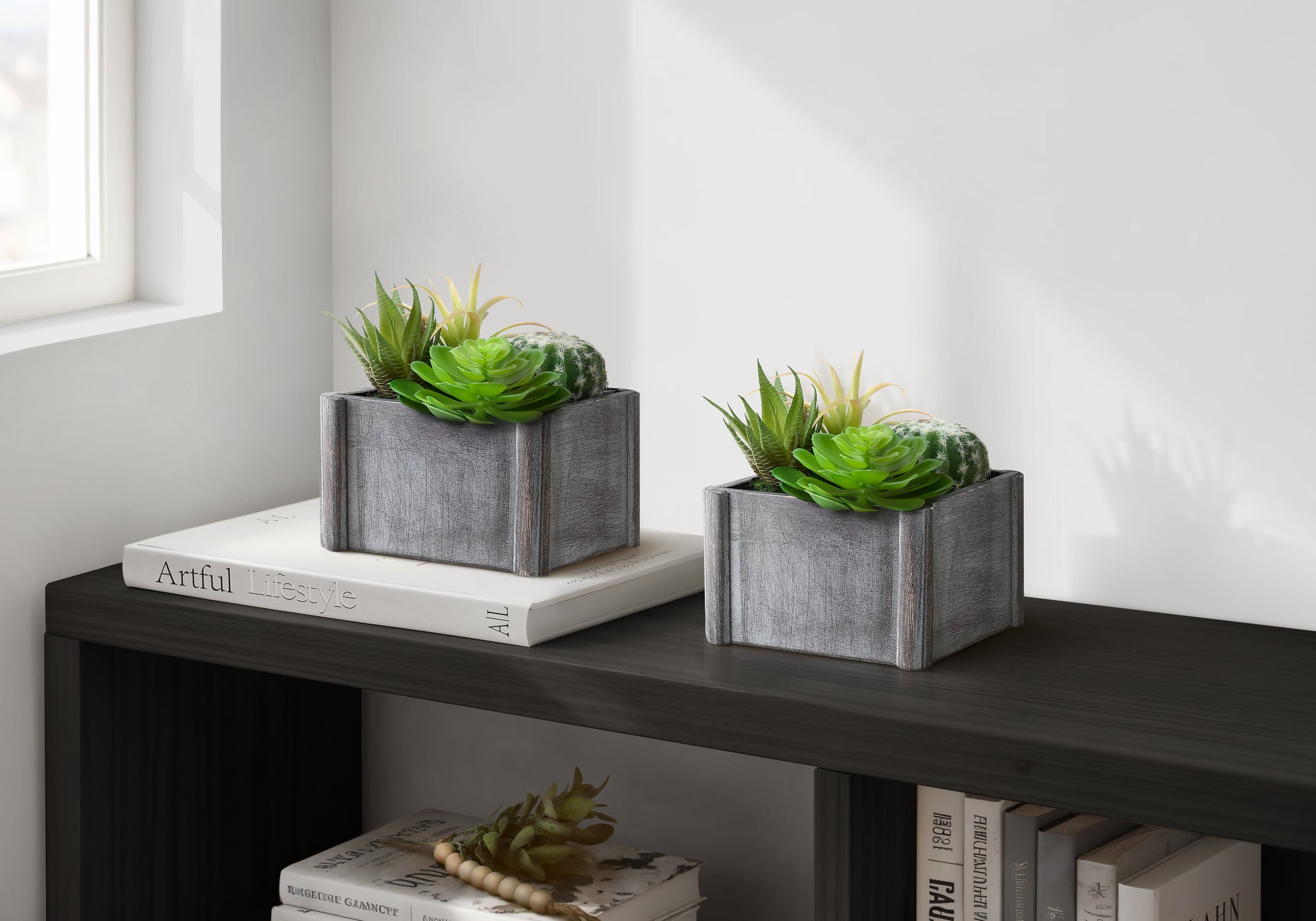 I 9370 - Plante Artificielle, Ensemble De 2, 8'' De Haut, Succulent, Table, Pots En Bois Gris, Contemporain, Moderne - Simple Boutique