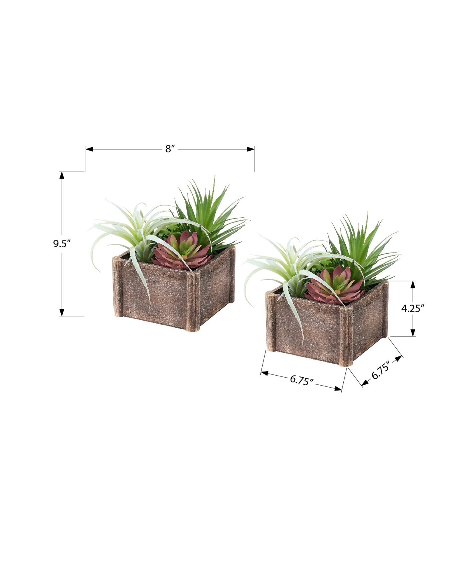 I 9371 - Plante Artificielle, Ensemble De 2, 10'' De Haut, Succulent, Table, Pots En Bois Brun, Contemporain, Moderne - Simple Boutique