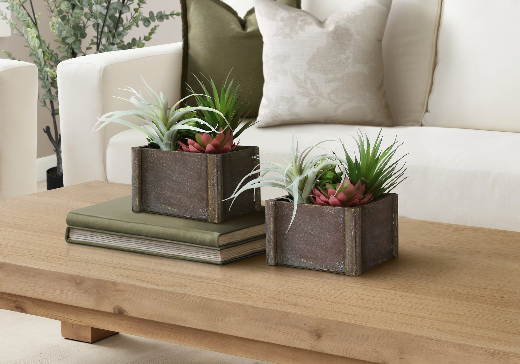 I 9371 - Plante Artificielle, Ensemble De 2, 10'' De Haut, Succulent, Table, Pots En Bois Brun, Contemporain, Moderne - Simple Boutique