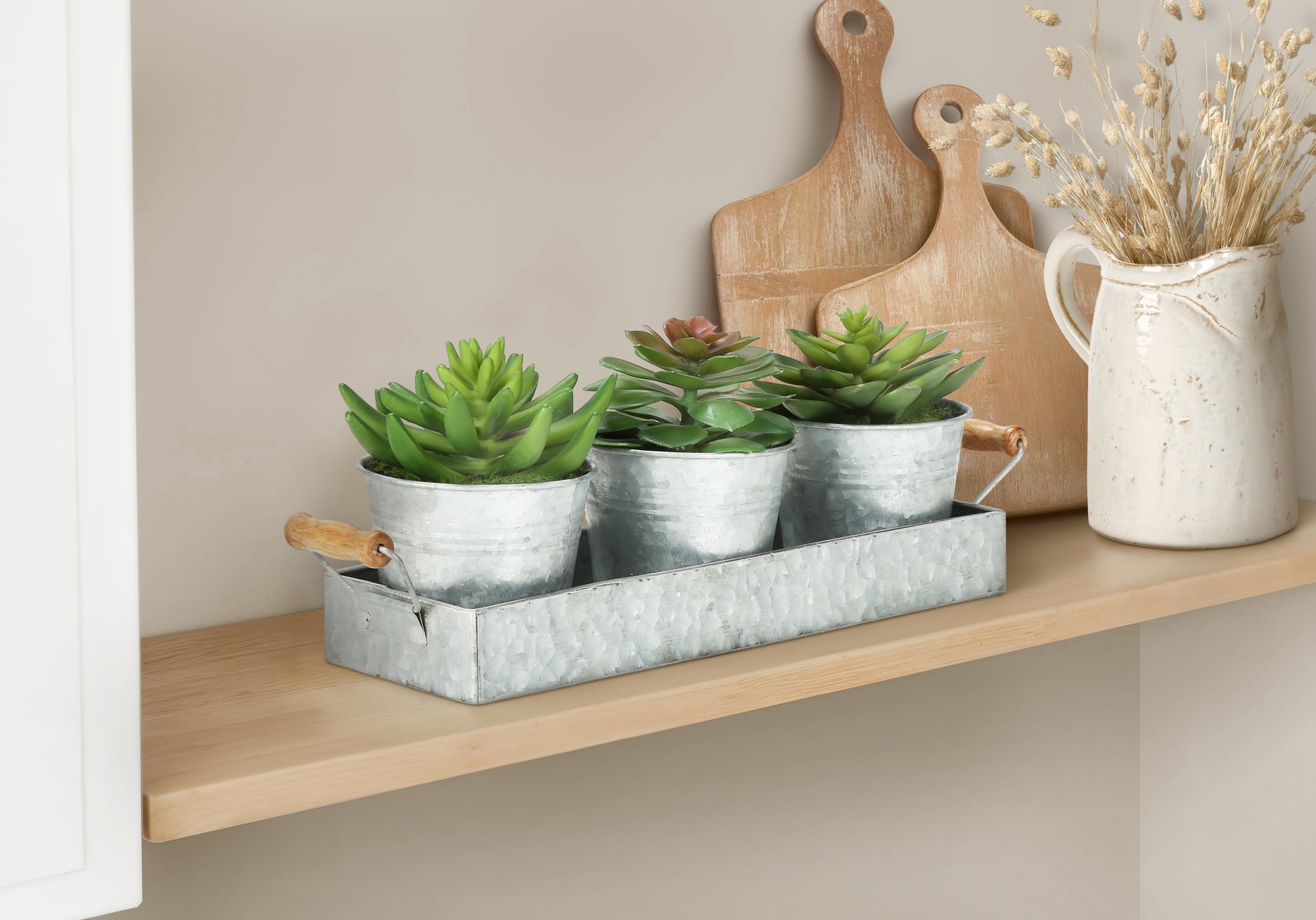 I 9372 - Plante Artificielle, Ensemble De 3, 6'' De Haut, Succulent, Table, Pots En Métal Argenté, Contemporain, Moderne - Simple Boutique