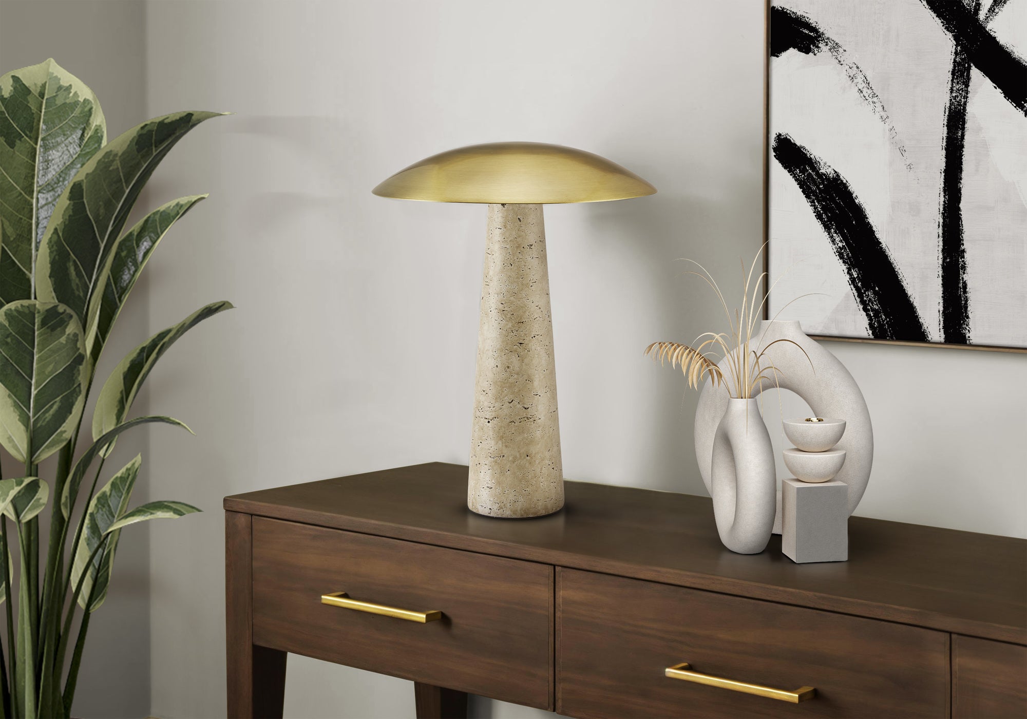 I 9401 - Luminaire, 15''H, Led, Lampe De Table, Résine Beige, Métal D'or, Contemporain - Simple Boutique