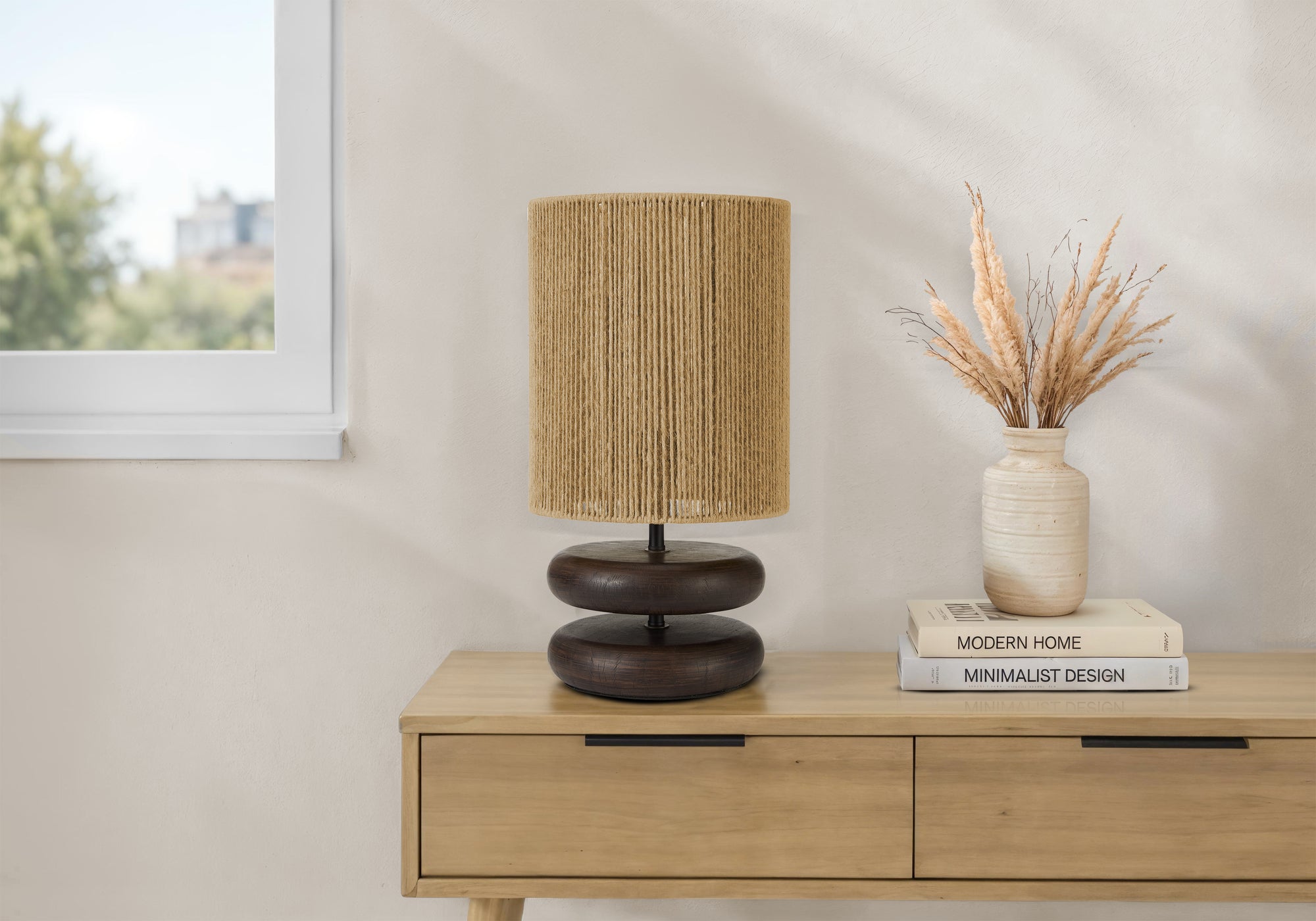 I 9411 - Luminaire, 19''H, Lampe De Table, Résine Brune, Abat-jour En Corde Beige, Contemporain - Simple Boutique