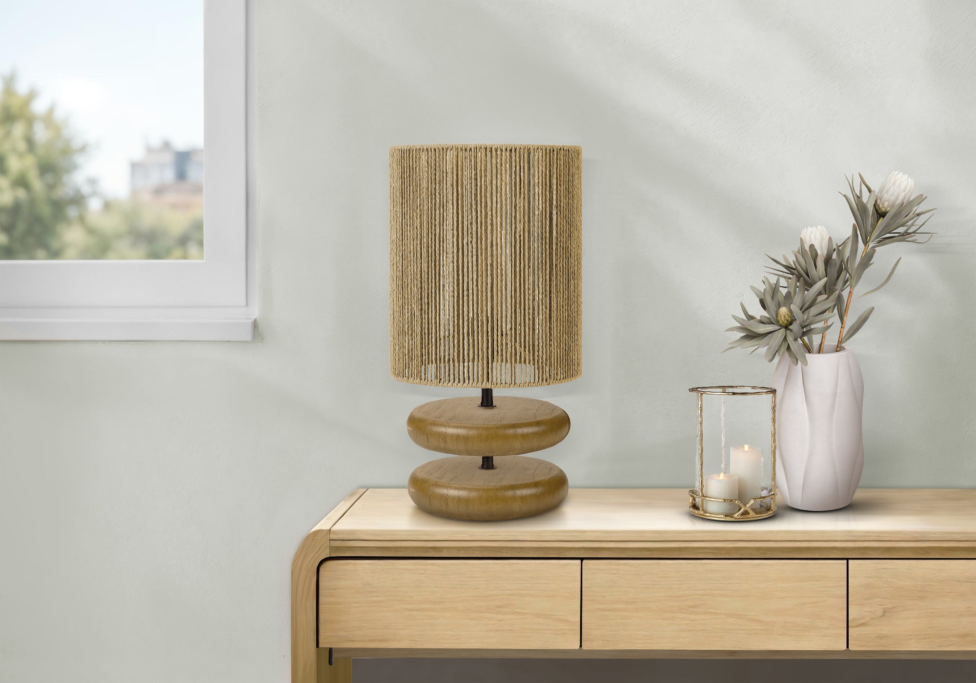 I 9412 - Luminaire, 19''H, Lampe De Table, Résine Marron Clair, Abat-jour En Corde Beige, Contemporain - Simple Boutique