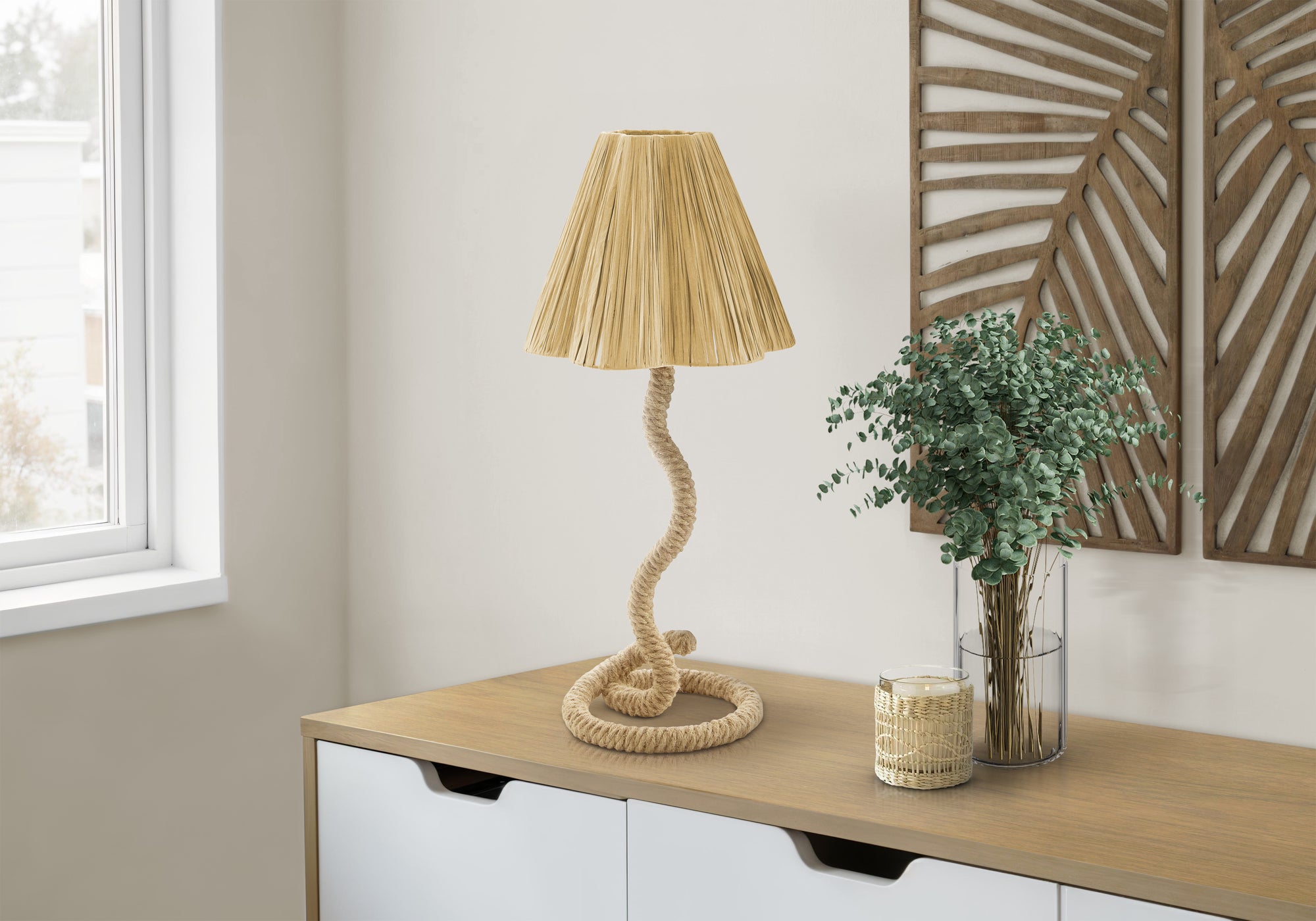 I 9421 - Luminaire, 22''H, Lampe De Table, Corde Naturelle, Abat-jour En Papier Naturel, Boho Classique - Simple Boutique