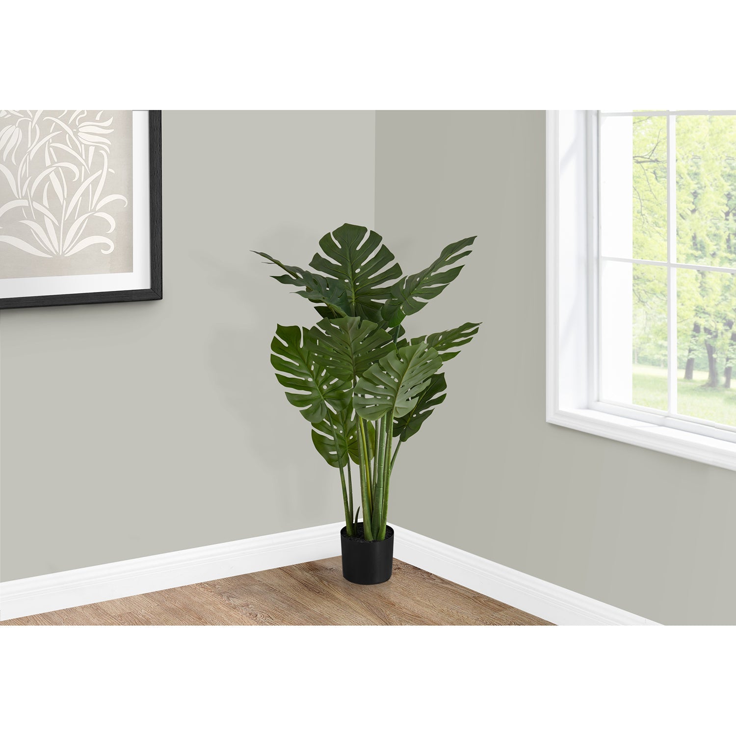 I 9510 - Plante Artificielle, 45" De Haut, Arbre Monstera, Intérieur, Faux, Faux, Étage, Verdure, Mis En Pot, Vraie Touche, Décoratif, Feuilles Vertes, Pot Noir - Simple Boutique