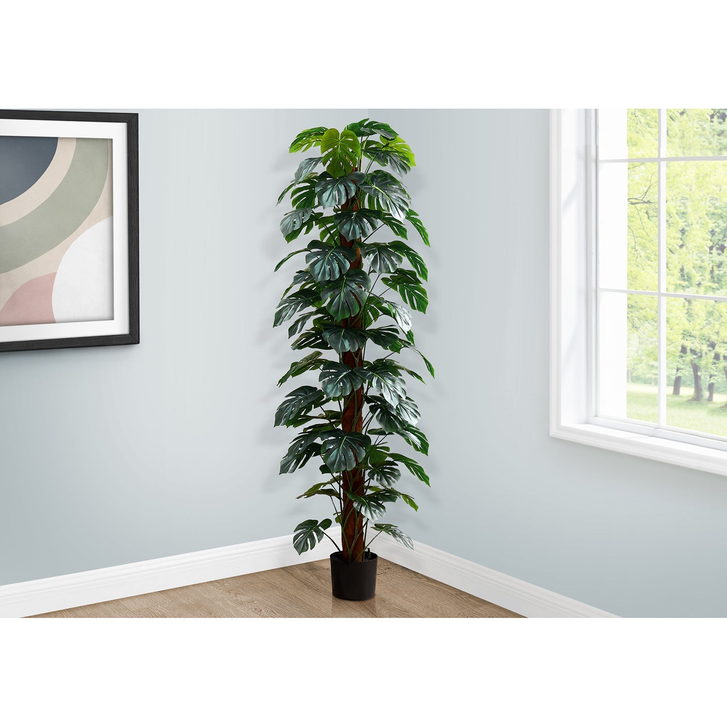 I 9521 - Plante Artificielle, 83" De Hauteur, Arbre Monstera, Plancher, Intérieur, Décoratif, Feuilles Vertes, Pot Noir - Simple Boutique