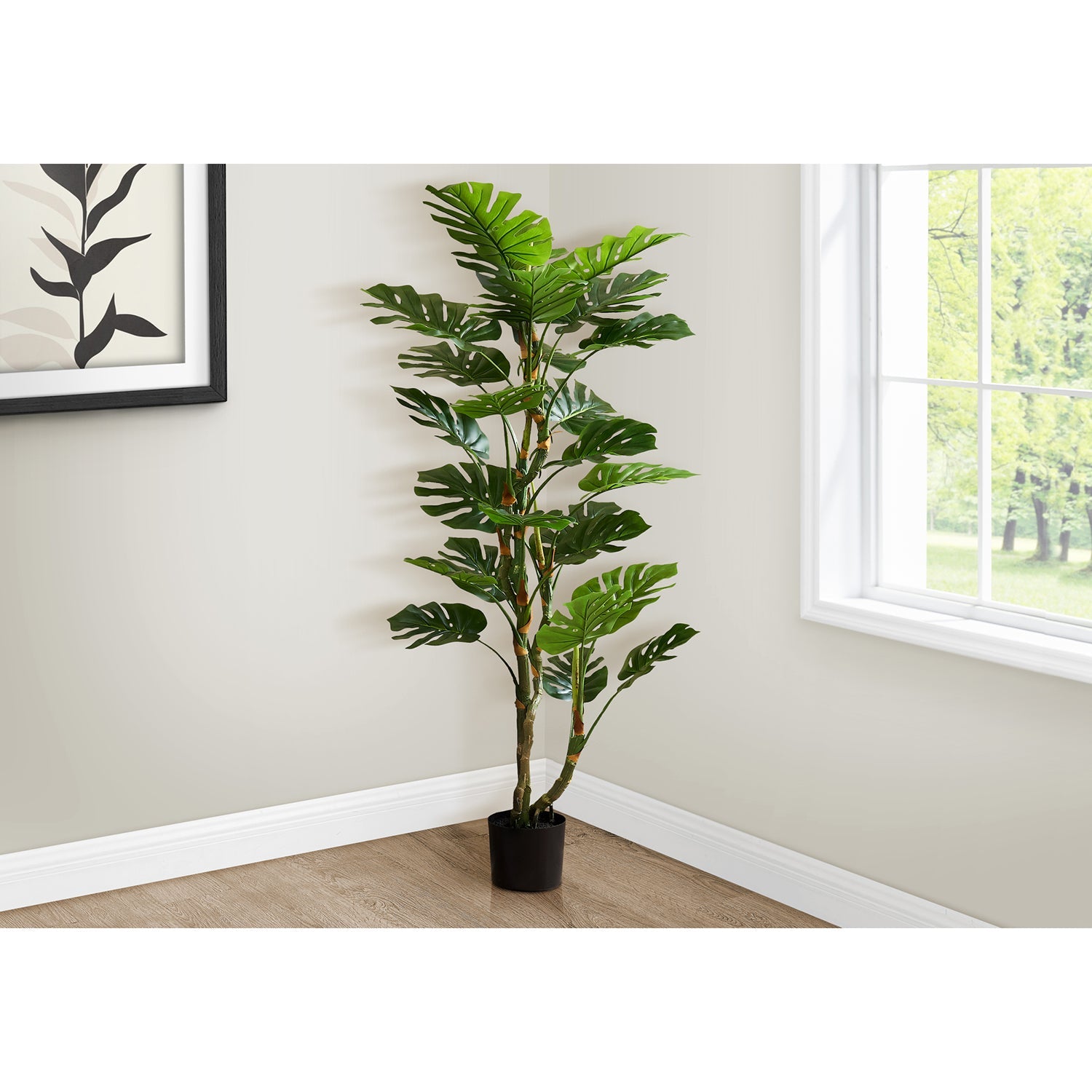 I 9522 - Plante Artificielle, 61" De Longueur, Arbre Monstera, Intérieur, Mis En Pot, Plancher, Touche Réelle, Feuilles Vertes, Pot Noir - Simple Boutique