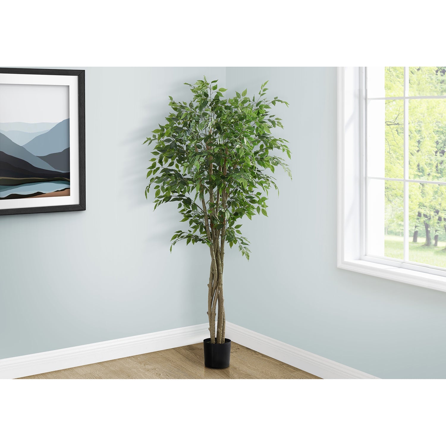 I 9549 - Plante Artificielle, 79" De Hauteur, Arbre Ficus, Plancher, Touche Réelle, Mis En Pot, Feuilles Vertes, Pot Noir - Simple Boutique