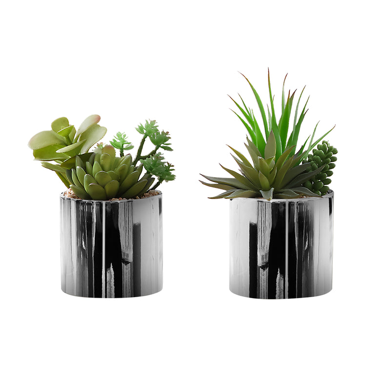 I 9550 - Plante Artificielle, 7" De Haut, Succulent, Intérieur, Faux, Faux, Table, Verdure, Mis En Pot, Ensemble De 2, Décoratif, Plantes Vertes, Pots En Chrome - Simple Boutique