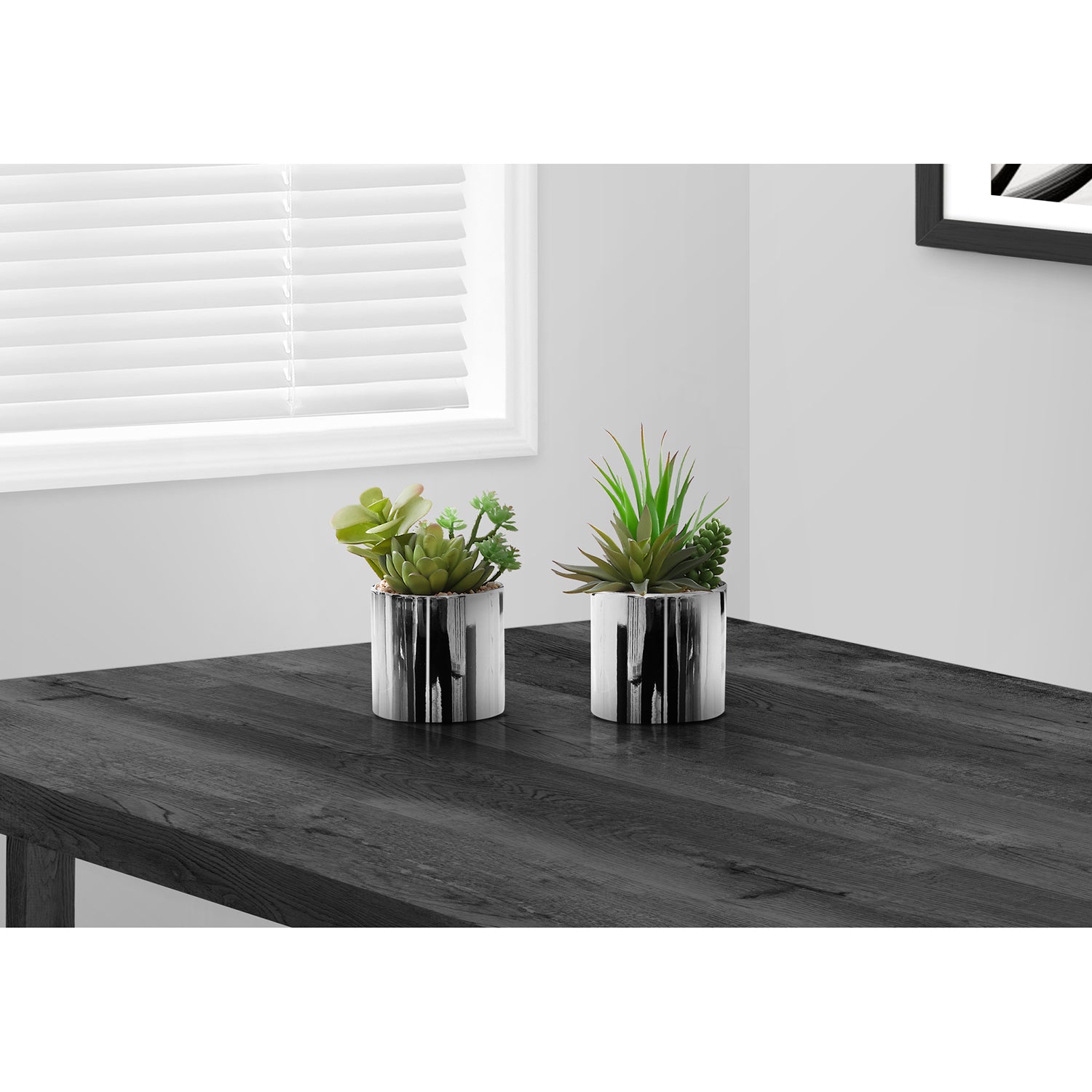 I 9550 - Plante Artificielle, 7" De Haut, Succulent, Intérieur, Faux, Faux, Table, Verdure, Mis En Pot, Ensemble De 2, Décoratif, Plantes Vertes, Pots En Chrome - Simple Boutique