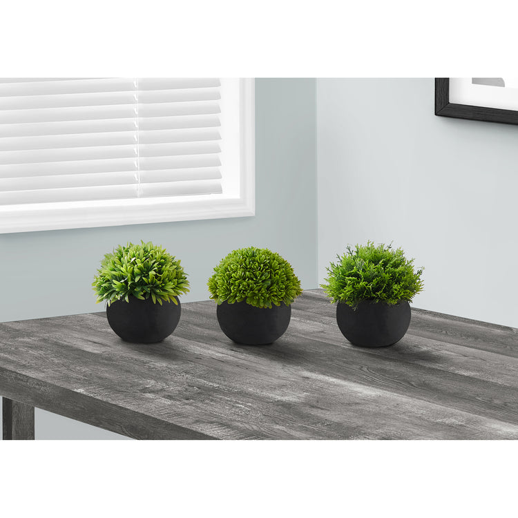 I 9552 - Plante Artificielle, 5" De Haut, Gazon, Intérieur, Faux, Faux, Table, Verdure, Mis En Pot, Ensemble De 3, Décoratif, Plantes Vertes, Pots Noirs - Simple Boutique