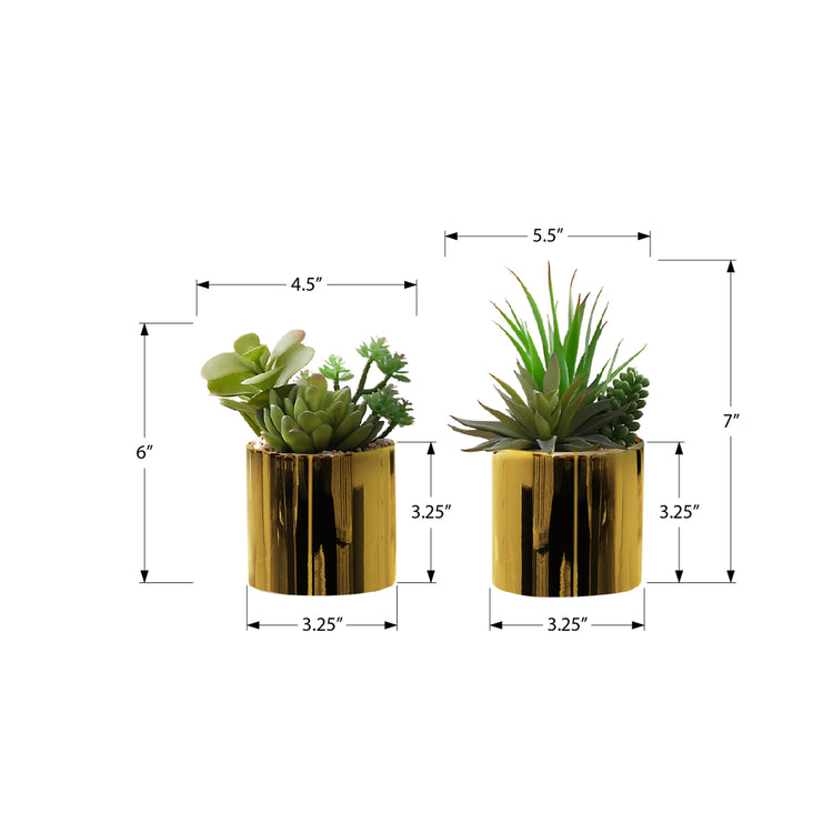 I 9553 - Plante Artificielle, 7" De Haut, Succulent, Intérieur, Faux, Faux, Table, Verdure, Mis En Pot, Ensemble De 2, Décoratif, Plantes Vertes, Pots Dorés Brillants - Simple Boutique