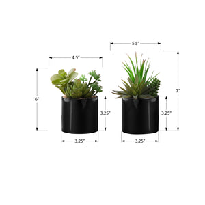 I 9554 - Plante Artificielle, 7" De Haut, Succulent, Intérieur, Faux, Faux, Table, Verdure, Mis En Pot, Ensemble De 2, Décoratif, Plantes Vertes, Pots Noirs Brillants - Simple Boutique