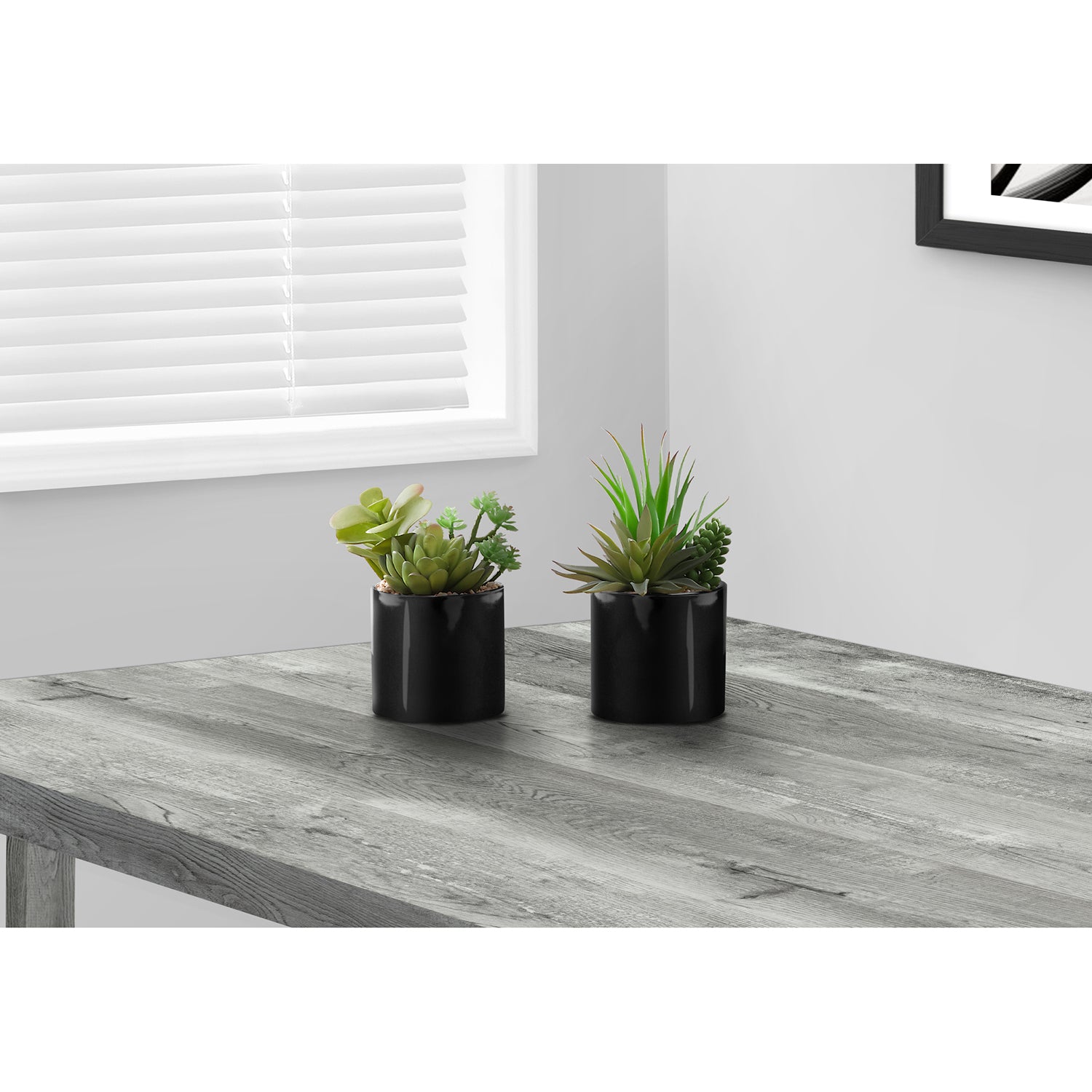 I 9554 - Plante Artificielle, 7" De Haut, Succulent, Intérieur, Faux, Faux, Table, Verdure, Mis En Pot, Ensemble De 2, Décoratif, Plantes Vertes, Pots Noirs Brillants - Simple Boutique