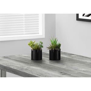 I 9554 - Plante Artificielle, 7" De Haut, Succulent, Intérieur, Faux, Faux, Table, Verdure, Mis En Pot, Ensemble De 2, Décoratif, Plantes Vertes, Pots Noirs Brillants - Simple Boutique