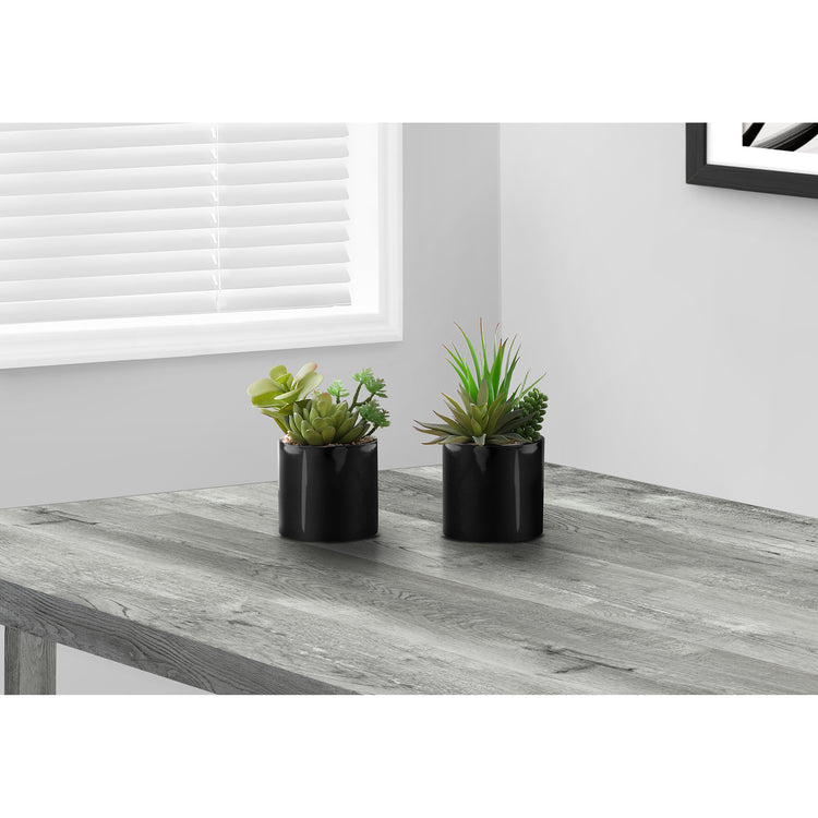 I 9554 - Plante Artificielle, 7" De Haut, Succulent, Intérieur, Faux, Faux, Table, Verdure, Mis En Pot, Ensemble De 2, Décoratif, Plantes Vertes, Pots Noirs Brillants - Simple Boutique