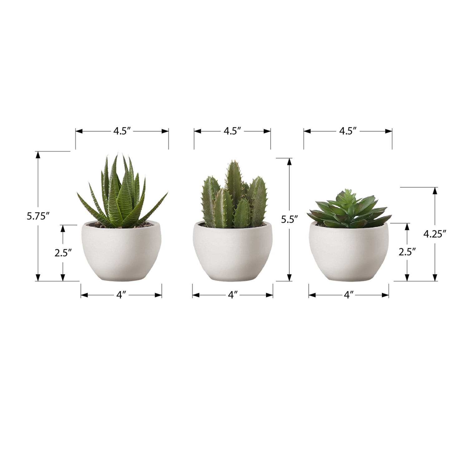 I 9555 - Plante Artificielle, 6" De Haut, Succulent, Intérieur, Faux, Faux, Table, Verdure, Mis En Pot, Ensemble De 3, Décoratif, Plantes Vertes, Pots Blancs - Simple Boutique