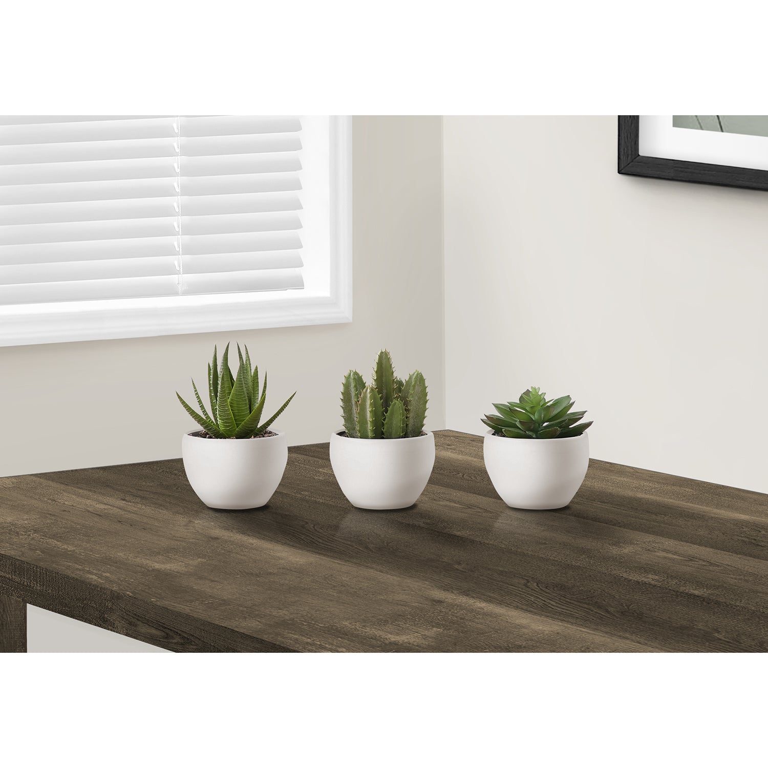 I 9555 - Plante Artificielle, 6" De Haut, Succulent, Intérieur, Faux, Faux, Table, Verdure, Mis En Pot, Ensemble De 3, Décoratif, Plantes Vertes, Pots Blancs - Simple Boutique