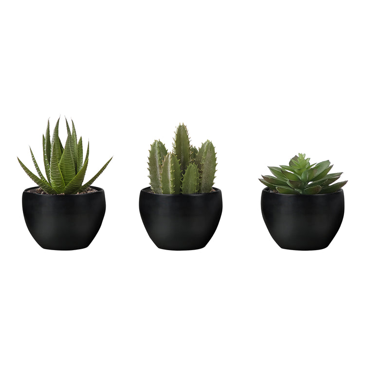 I 9556 - Plante Artificielle, 6" De Haut, Succulent, Intérieur, Faux, Faux, Table, Verdure, Mis En Pot, Ensemble De 3, Décoratif, Plantes Vertes, Pots Noirs - Simple Boutique