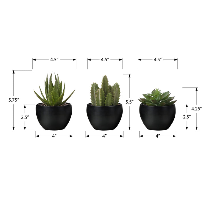 I 9556 - Plante Artificielle, 6" De Haut, Succulent, Intérieur, Faux, Faux, Table, Verdure, Mis En Pot, Ensemble De 3, Décoratif, Plantes Vertes, Pots Noirs - Simple Boutique