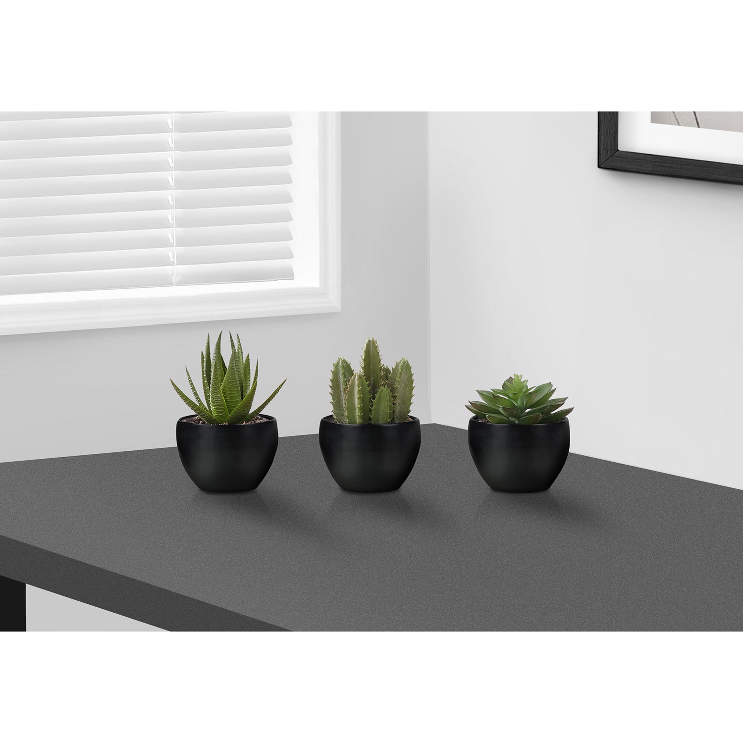 I 9556 - Plante Artificielle, 6" De Haut, Succulent, Intérieur, Faux, Faux, Table, Verdure, Mis En Pot, Ensemble De 3, Décoratif, Plantes Vertes, Pots Noirs - Simple Boutique