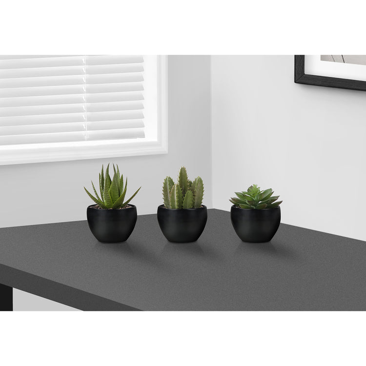 I 9556 - Plante Artificielle, 6" De Haut, Succulent, Intérieur, Faux, Faux, Table, Verdure, Mis En Pot, Ensemble De 3, Décoratif, Plantes Vertes, Pots Noirs - Simple Boutique