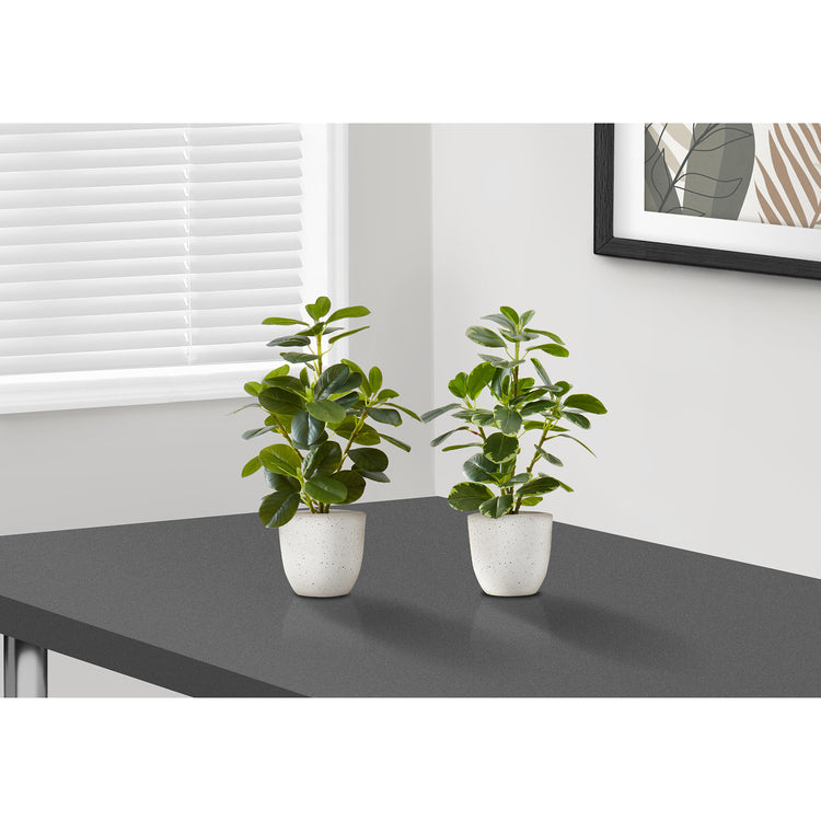 I 9557 - Plante Artificielle, 14" De Haut, Ficus, Intérieur, Faux, Faux, Table, Verdure, Mis En Pot, Ensemble De 2, Décoratif, Feuilles Vertes, Pots Blancs - Simple Boutique