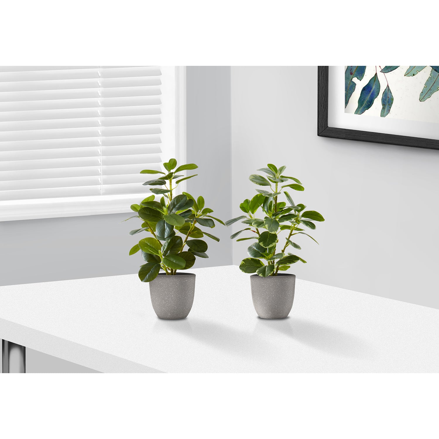 I 9558 - Plante Artificielle, 14" De Haut, Ficus, Intérieur, Faux, Faux, Table, Verdure, Mis En Pot, Ensemble De 2, Décoratif, Feuilles Vertes, Pots Gris - Simple Boutique