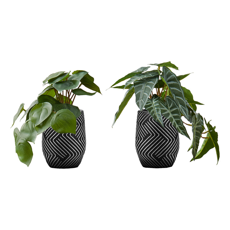 I 9559 - Plante Artificielle, 8" De Haut, Alocasie, Intérieur, Faux, Faux, Table, Verdure, Mis En Pot, Ensemble De 2, Décoratif, Feuilles Vertes, Pots En Ciment Noir - Simple Boutique