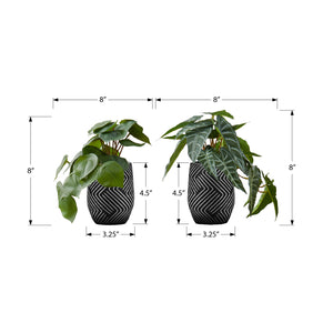 I 9559 - Plante Artificielle, 8" De Haut, Alocasie, Intérieur, Faux, Faux, Table, Verdure, Mis En Pot, Ensemble De 2, Décoratif, Feuilles Vertes, Pots En Ciment Noir - Simple Boutique