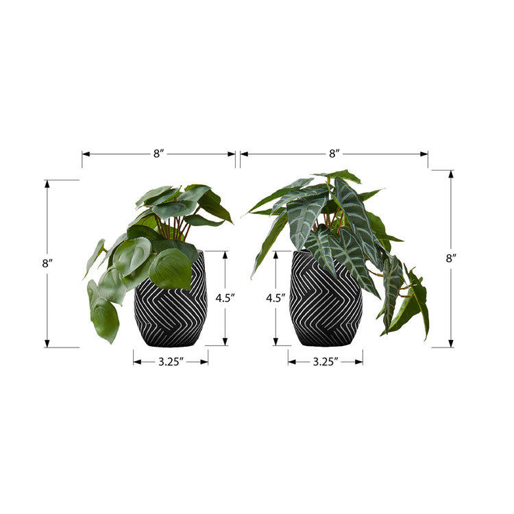 I 9559 - Plante Artificielle, 8" De Haut, Alocasie, Intérieur, Faux, Faux, Table, Verdure, Mis En Pot, Ensemble De 2, Décoratif, Feuilles Vertes, Pots En Ciment Noir - Simple Boutique