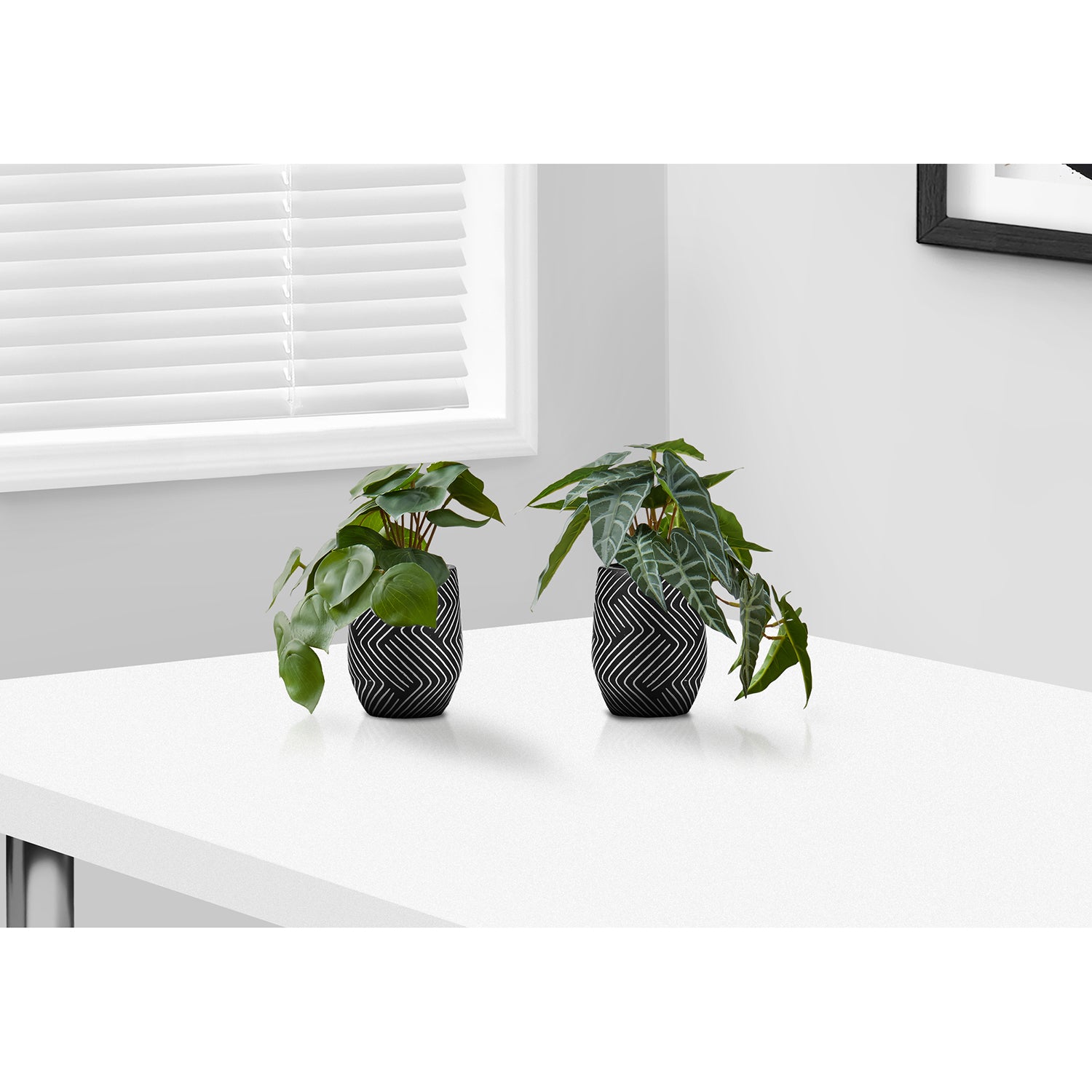 I 9559 - Plante Artificielle, 8" De Haut, Alocasie, Intérieur, Faux, Faux, Table, Verdure, Mis En Pot, Ensemble De 2, Décoratif, Feuilles Vertes, Pots En Ciment Noir - Simple Boutique