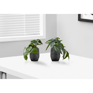 I 9559 - Plante Artificielle, 8" De Haut, Alocasie, Intérieur, Faux, Faux, Table, Verdure, Mis En Pot, Ensemble De 2, Décoratif, Feuilles Vertes, Pots En Ciment Noir - Simple Boutique