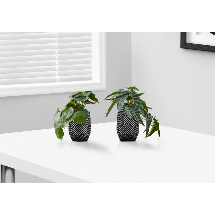 I 9559 - Plante Artificielle, 8" De Haut, Alocasie, Intérieur, Faux, Faux, Table, Verdure, Mis En Pot, Ensemble De 2, Décoratif, Feuilles Vertes, Pots En Ciment Noir - Simple Boutique