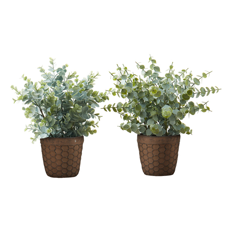 I 9560 - Plante Artificielle, 13" De Haut, Herbe D'eucalyptus, Intérieur, Faux, Faux, Table, Verdure, Mis En Pot, Ensemble De 2, Décoratif, Feuilles Vertes, Pots Bruns - Simple Boutique