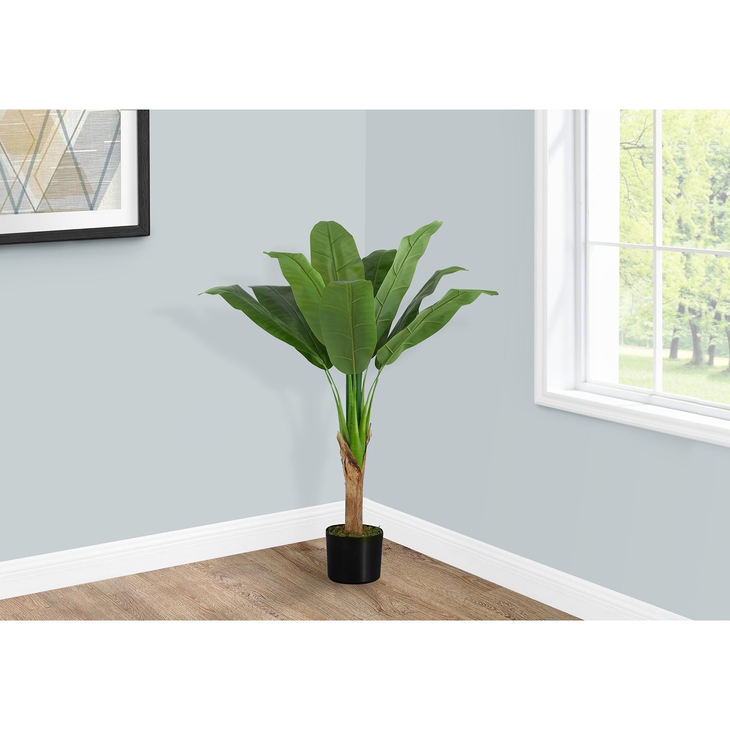 I 9567 - Plante Artificielle, 43" De Haut, Bananier, Intérieur, Faux, Faux, Étage, Verdure, Mis En Pot, Vraie Touche, Décoratif, Feuilles Vertes, Pot Noir - Simple Boutique