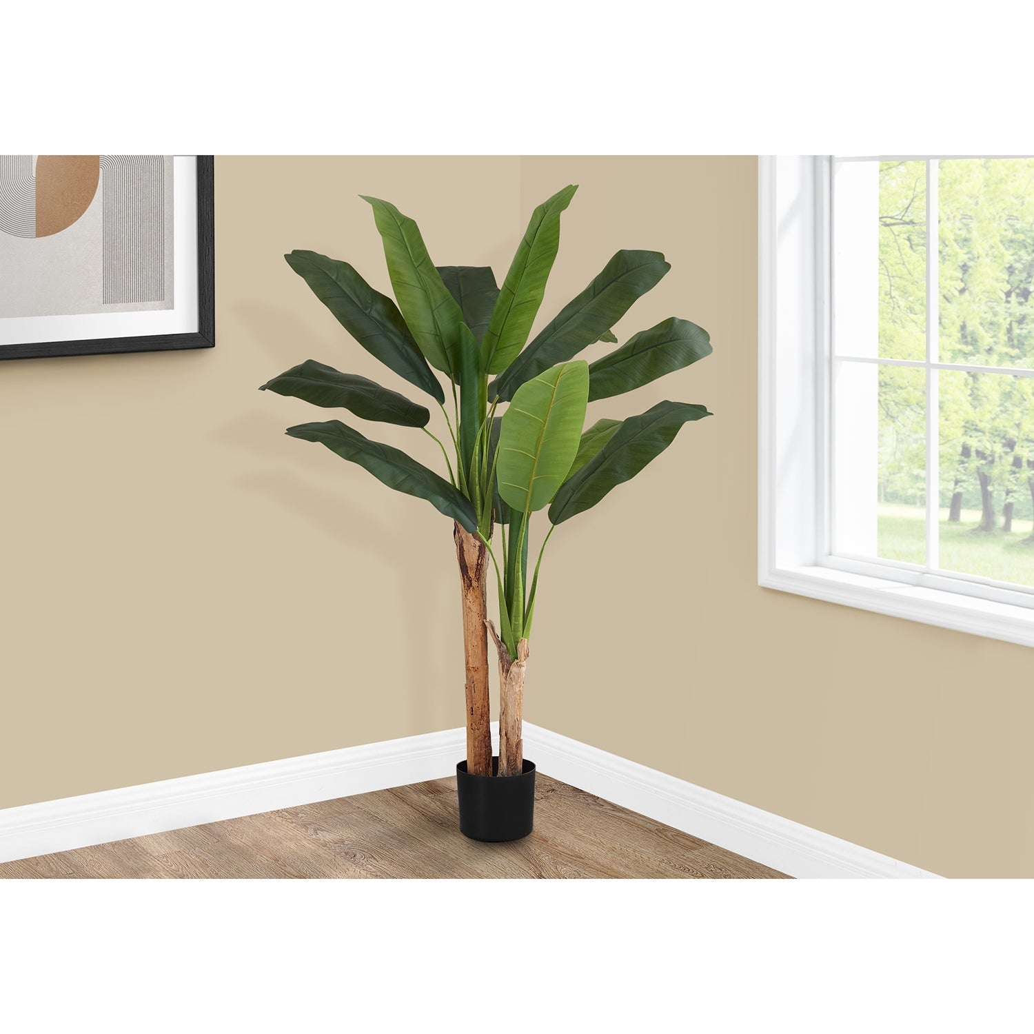 I 9568 - Plante Artificielle, 55" De Haut, Bananier, Intérieur, Faux, Faux, Étage, Verdure, Mis En Pot, Vraie Touche, Décoratif, Feuilles Vertes, Pot Noir - Simple Boutique