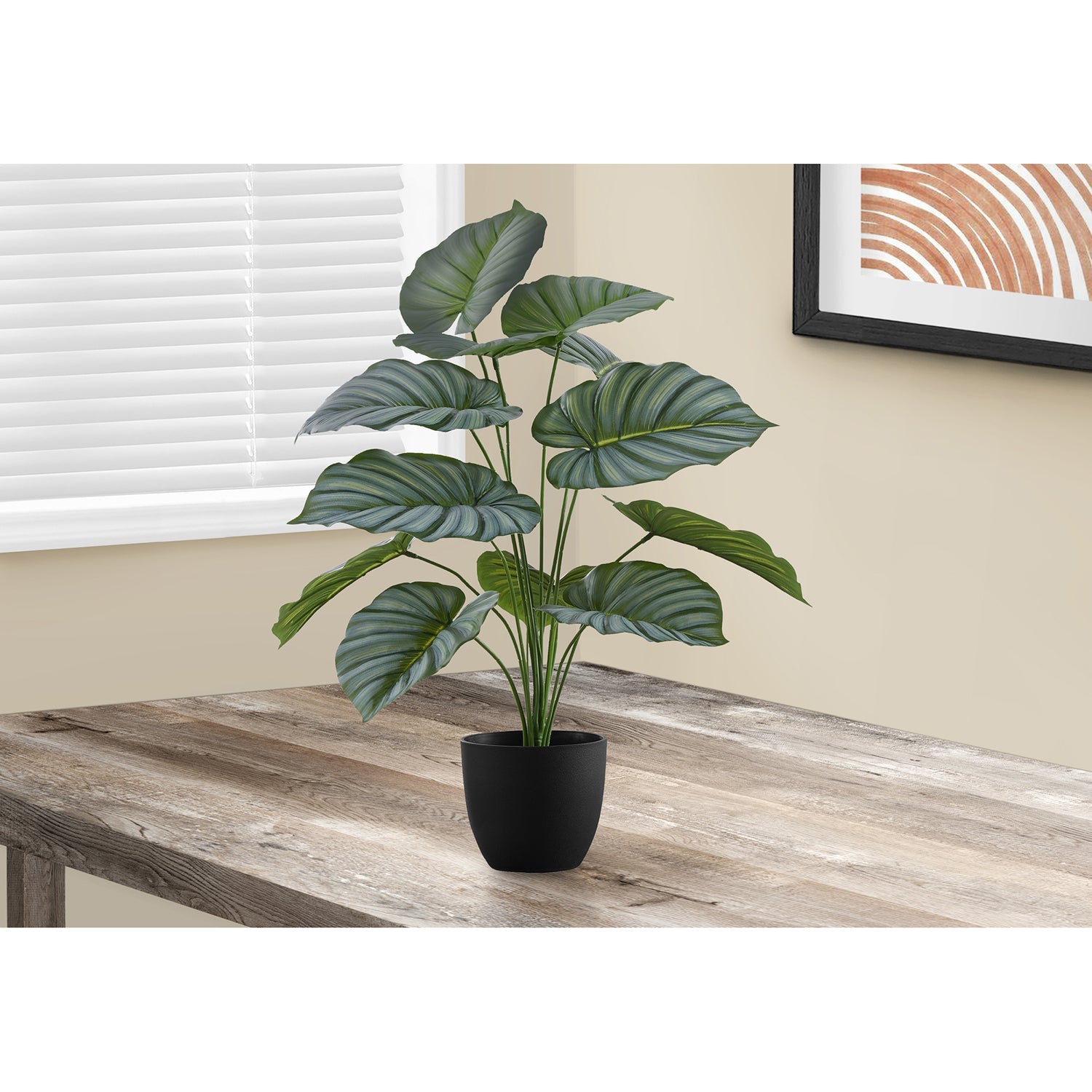 I 9577 - Plante Artificielle, 24" De Haut, Calathée, Intérieur, Faux, Faux, Tableau, Verdure, Mis En Pot, Vraie Touche, Décoratif, Feuilles Vertes, Pot Noir - Simple Boutique